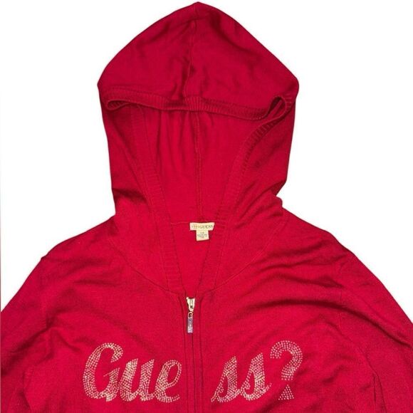 Guess Women's Y2K Cherry Red Zip Up Rhinestone Hoodie Size Large - Picture 2 of 8